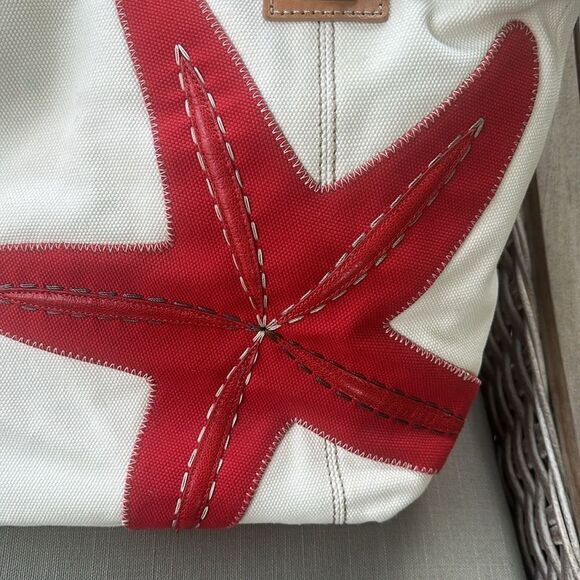 BRIGHTON RARE RED & WHITE STARFISH HARBOR TOTE NAUTICAL SHOULDER BEACH BAG - Picture 2 of 10